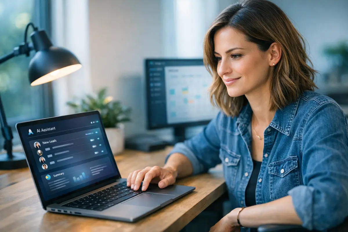 A business owner at her desk reviewing new leads and a daily summary from her AI assistant