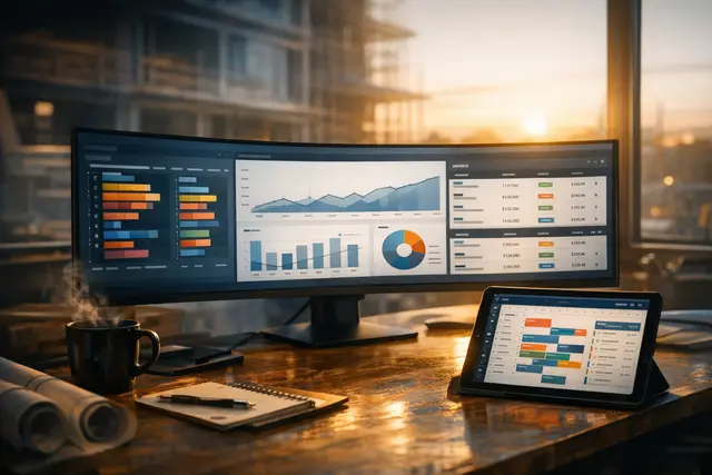 A monitor showing a CRM and accounting dashboard with a field service schedule on a tablet